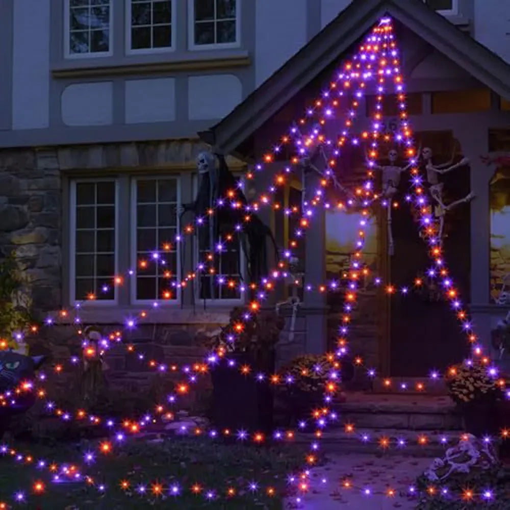 Prácticas luces de telaraña de Halloween con 8 modos, 250 LEDs, red de araña brillante, colgante de 5 m, araña gigante aterradora para casa embrujada