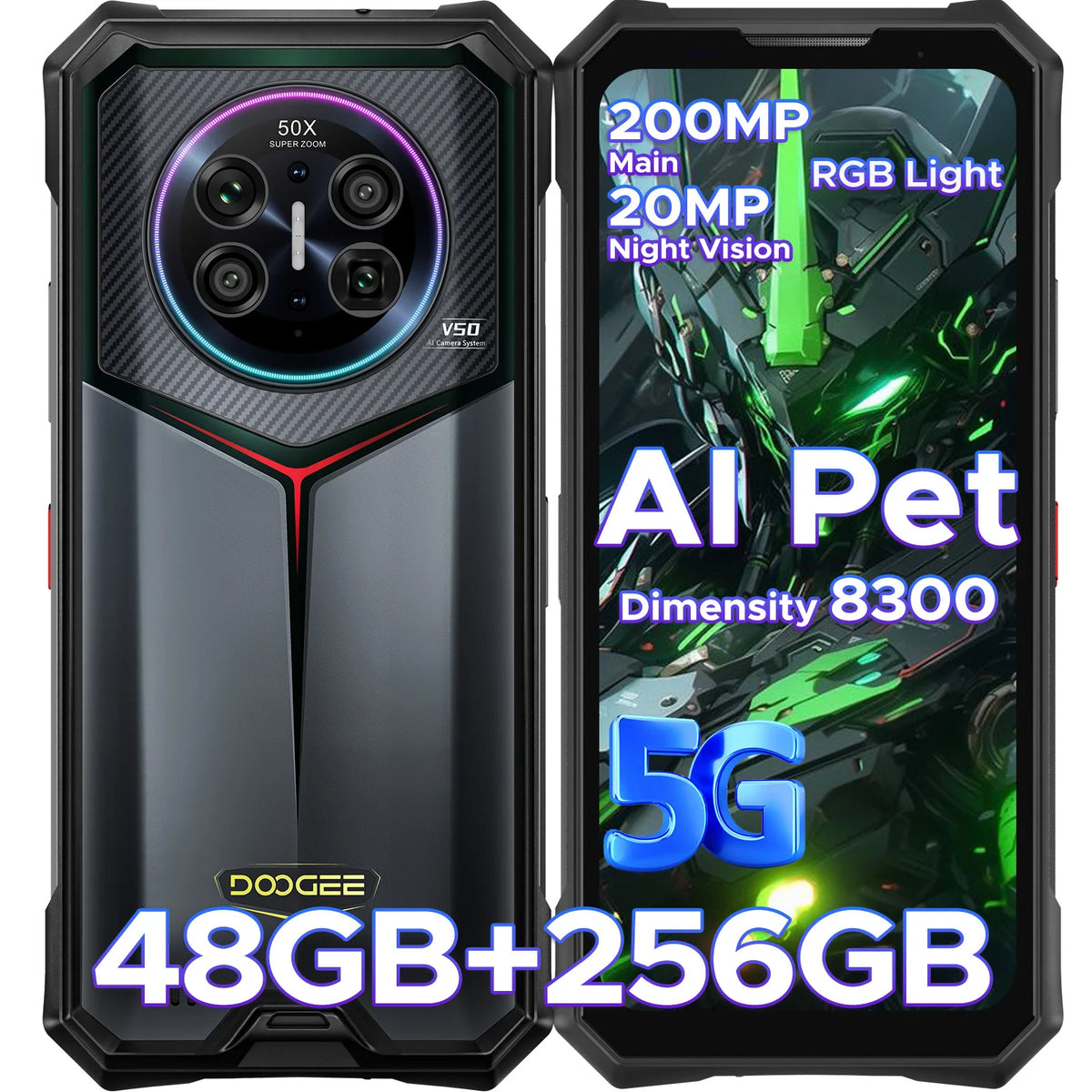 Teléfono resistente DOOGEE V50 AI 5G 52 GB de RAM (16+36) 512 GB de ROM, Dimensity 8300, cámara de 200 MP, cámara de visión nocturna de 20 MP, Android 16, compatible con Walkie Talkie y luz ambiental RGB