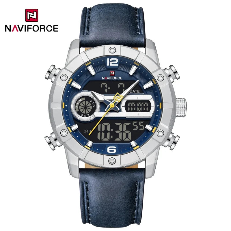 Reloj para hombre NAVIFORCE NF9263 con correa de cuero genuino, cronógrafo, alarma, pantalla luminosa resistente al agua, reloj para hombre con correa de cuero genuino