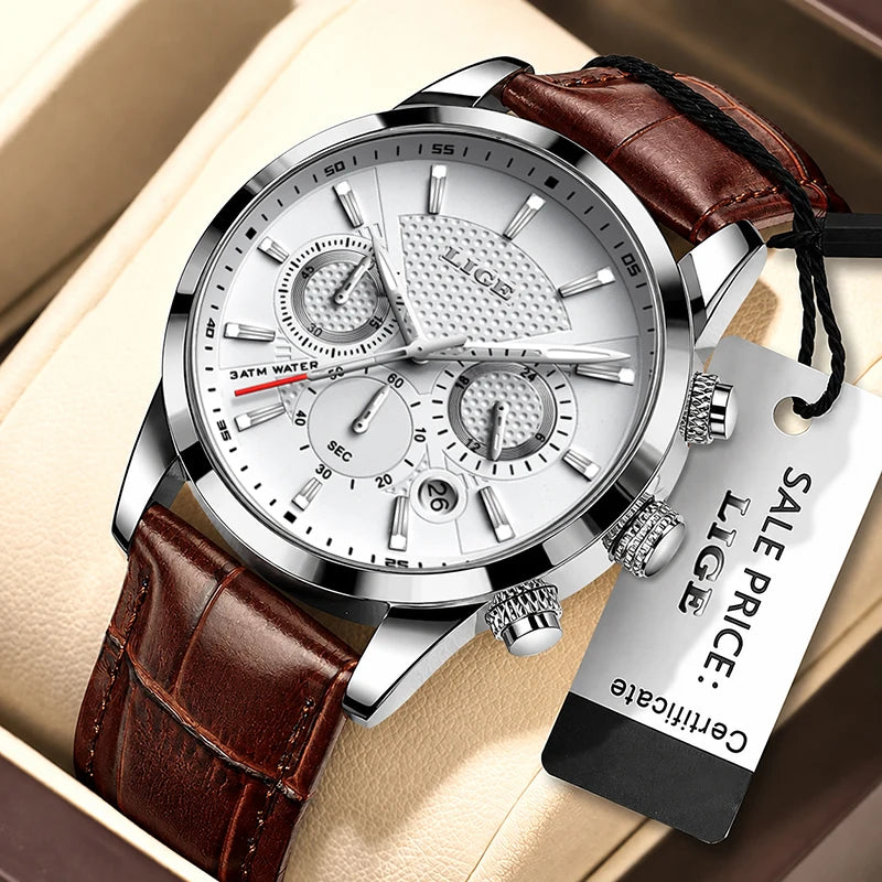Nuevo reloj para hombre LIGE, diseño de negocios a la moda con correa de cuero genuino marrón, reloj de cuarzo deportivo impermeable con calendario para hombre
