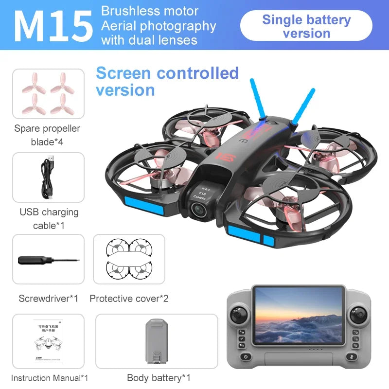 Drones M15 con Cámara HD 4K, Fotografía Profesional, Pantalla, Control Remoto, Ajuste Eléctrico, Quadcopter Plegable, Helicóptero RC, Ideal para Regalo