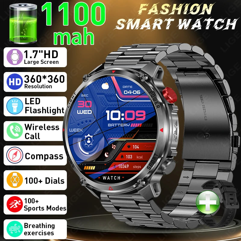LIGE New Men Military Smart Watch Outdoor Compass 1100mAh Battery Flashlight 1.7"Display BT Call Waterproof Sports Smartwatches