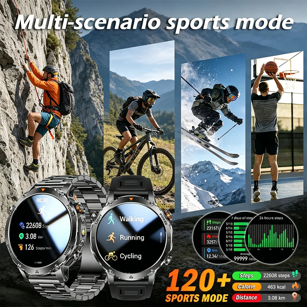 Reloj inteligente militar 2026, batería de 1400 mAh, linterna exterior para hombre, resistente al agua IPX8, más de 100 deportes, llamadas Bluetooth, pulsera de fitness