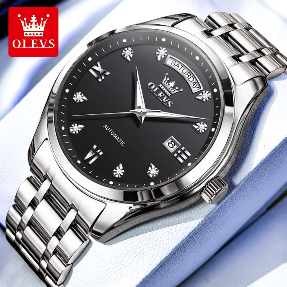 Reloj original de la marca OLEVS 6752 para hombre, reloj mecánico sencillo de lujo con correa de acero y caja de regalo.