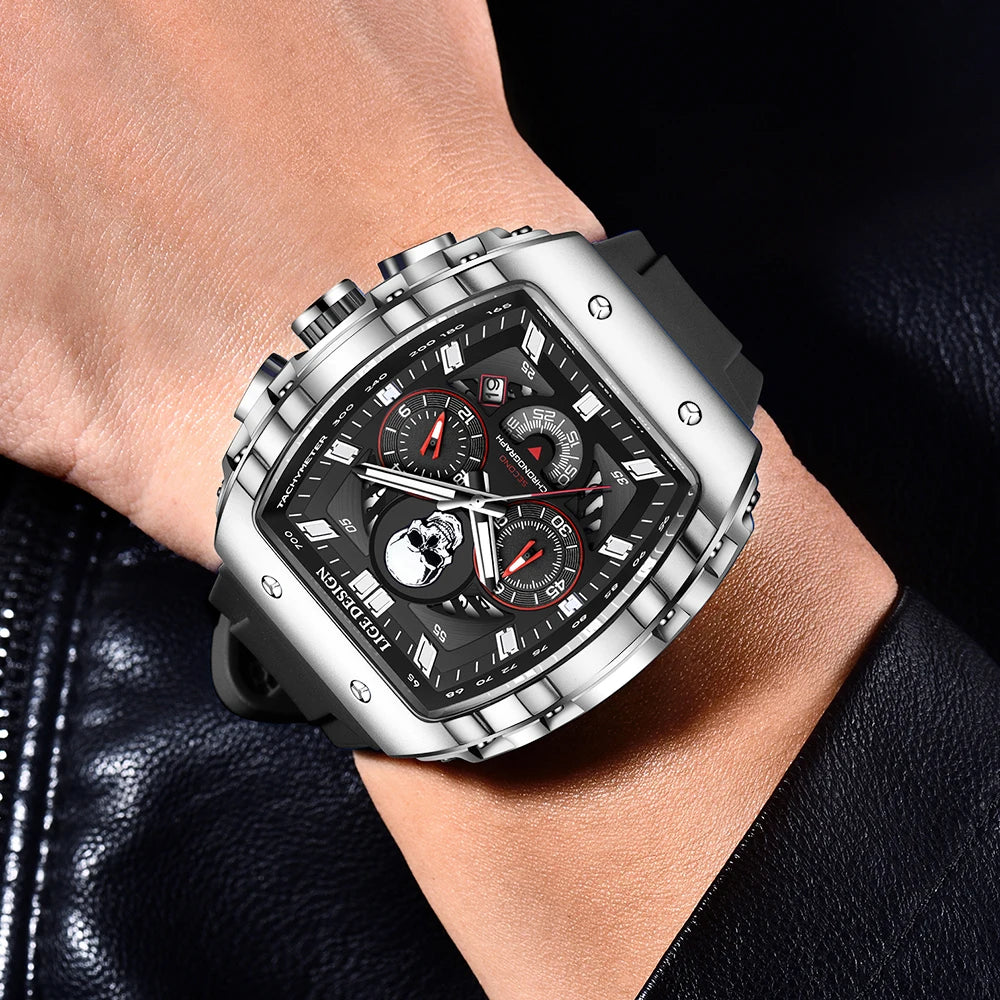 Reloj de hombre marca LIGE con esfera de calavera esqueleto, reloj deportivo militar para hombre, reloj de pulsera de cuarzo impermeable, casual, de moda y de lujo + caja