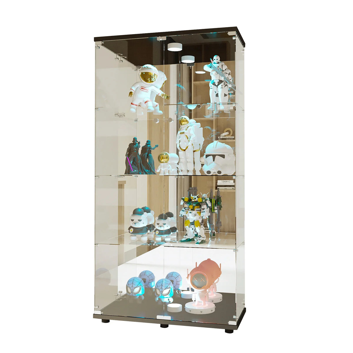 Vitrina de cristal de 4 niveles con luces LED, gabinete expositor de doble puerta para objetos de colección, decoración para sala de estar y hogar