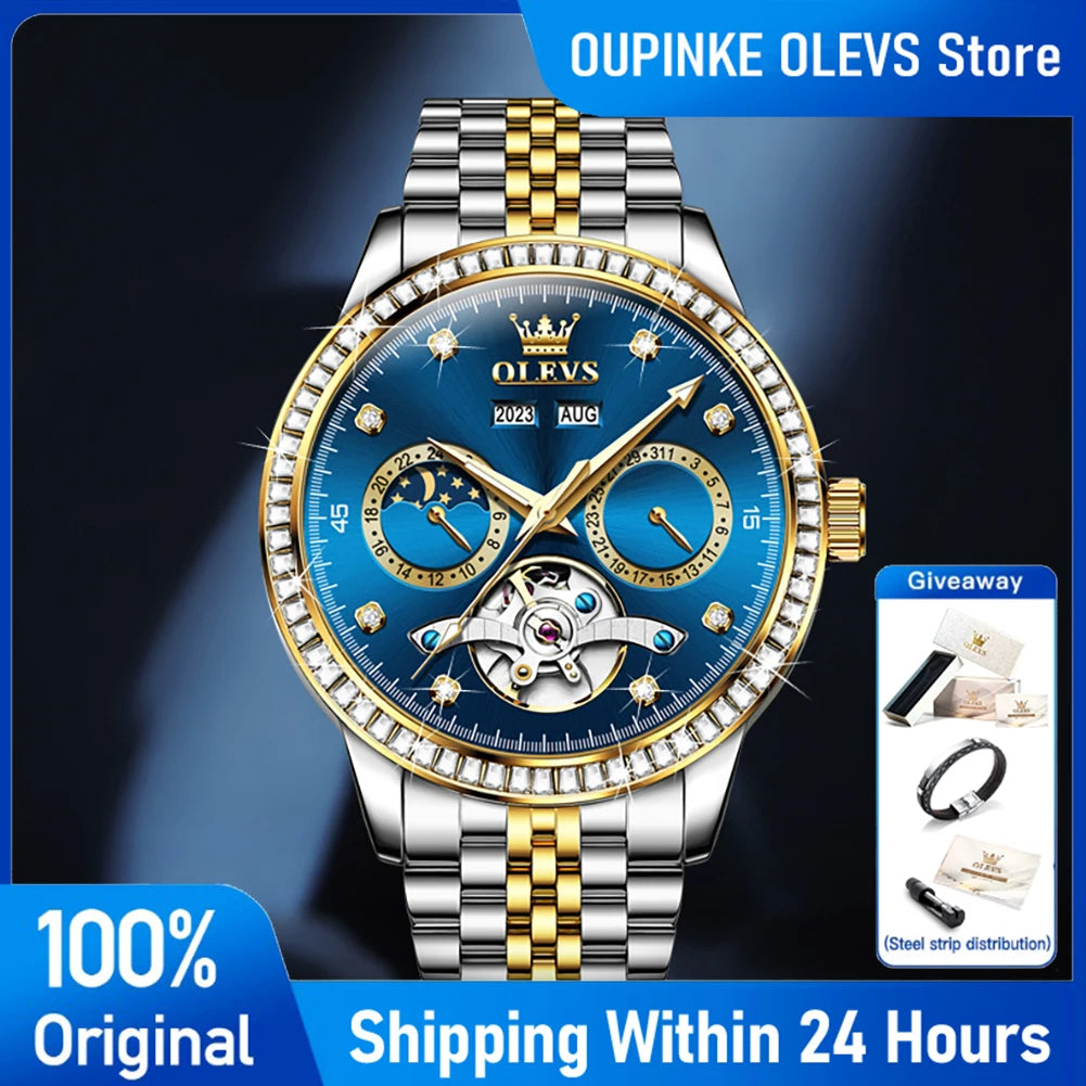 Reloj automático de lujo OLEVS 7016 para hombre, esqueleto, tourbillon, fase lunar, calendario, resistente al agua, reloj de pulsera mecánico de acero inoxidable
