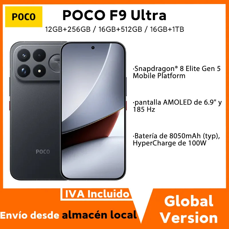 Versión Global POCO F9 Ultra, plataforma móvil Snapdragon 8 Elite Gen 5, pantalla AMOLED de 6,9" y 185 Hz, cámara de 200 MP con OIS, batería de 8050 mAh y 100 W, teléfono móvil POCO