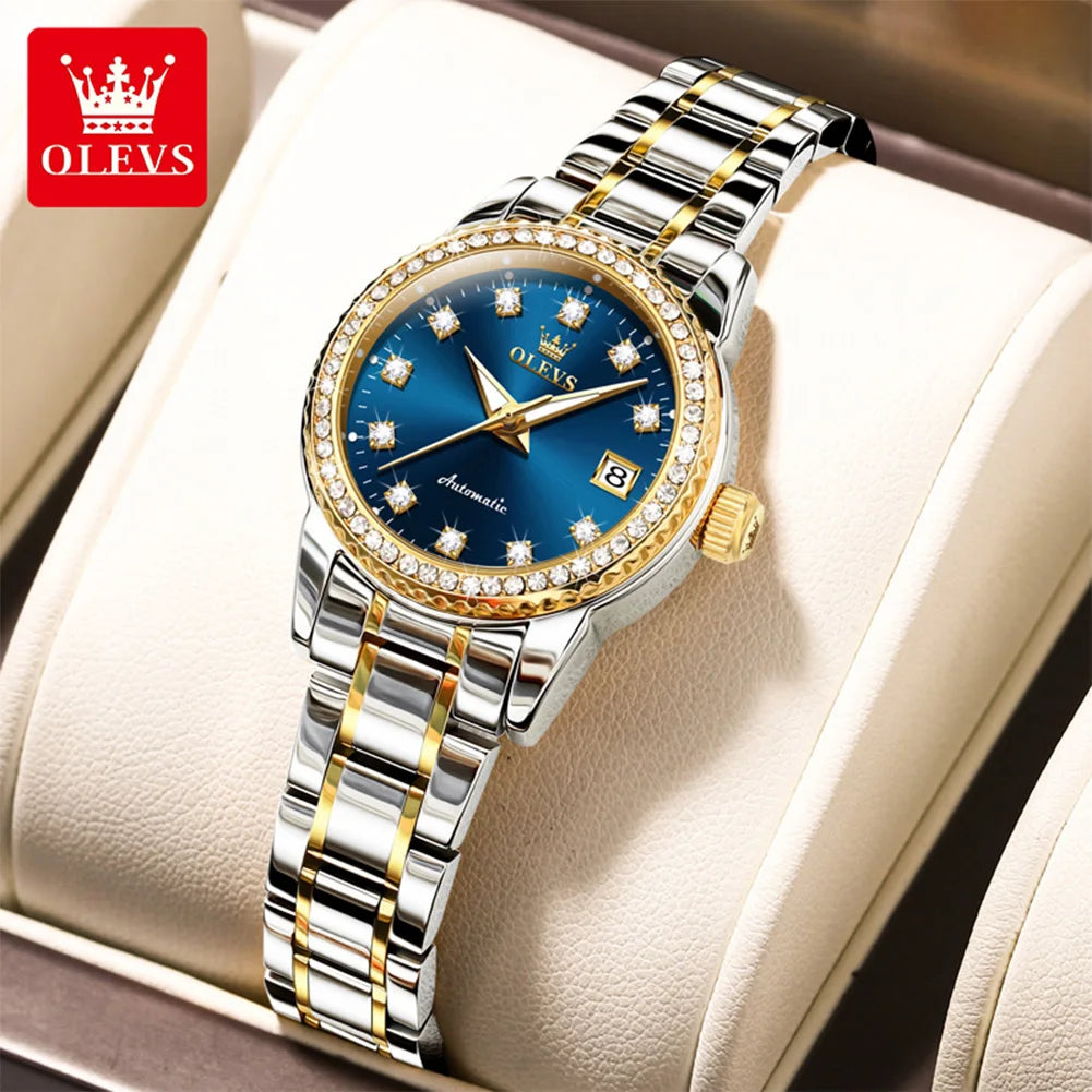 Reloj mecánico para mujer OLEVS 7003, elegante reloj de pulsera con esfera de diamantes de lujo, calendario, resistente al agua y luminoso