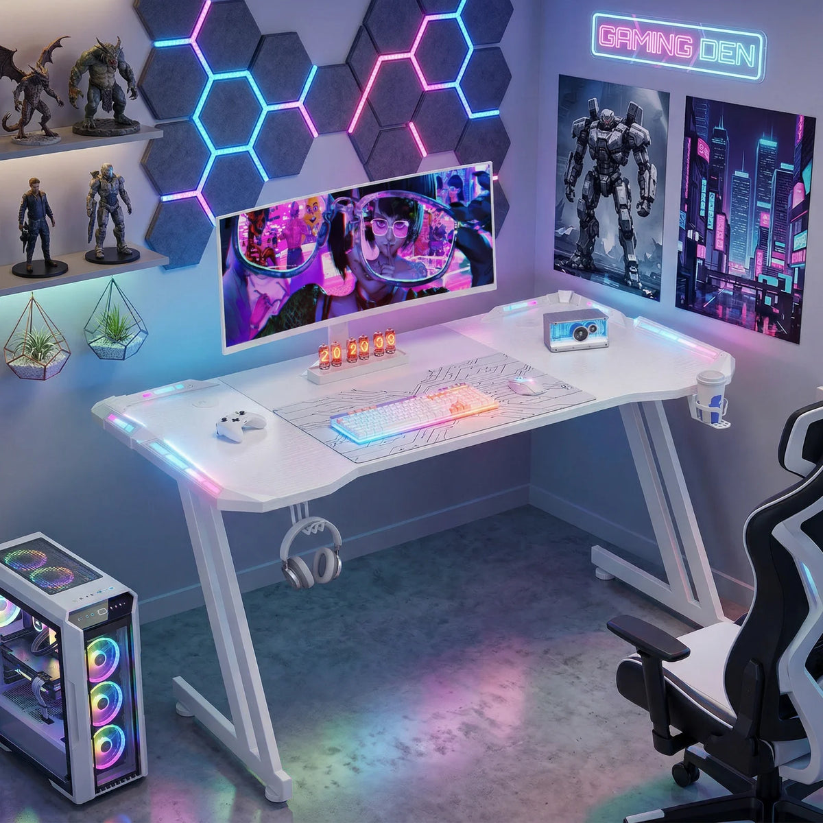 Escritorio gaming blanco con iluminación LED RGB y patas en Z, superficie amplia