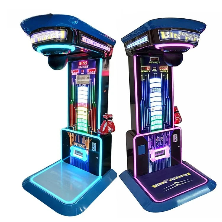Dos máquinas de arcade de boxeo eléctrica azul y morada con panel LED y peana