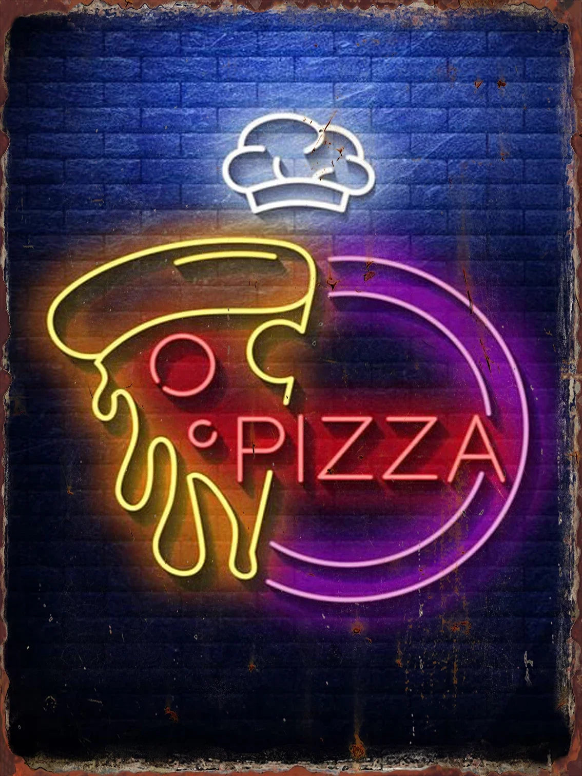 Letrero metálico de lata con neón estilo pizza y nube de humo en colores amarillo, morado y rojo
