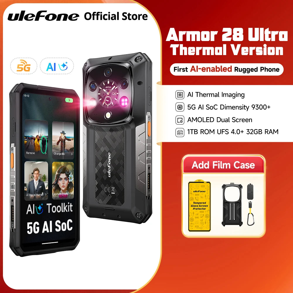 Teléfono resistente Ulefone Armor 28 Ultra 5G con cámara térmica, procesador MTK Dimensity 9300+, pantalla AMOLED, smartphone Android con 1 TB de ROM