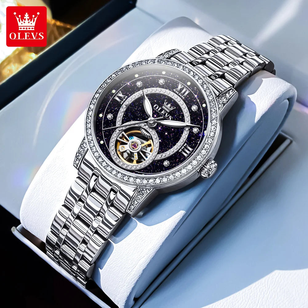Reloj mecánico automático OLEVS 7036 para dama, esfera con diamantes, diseño de volante, marca TOP, elegante reloj para mujer, nueva tendencia