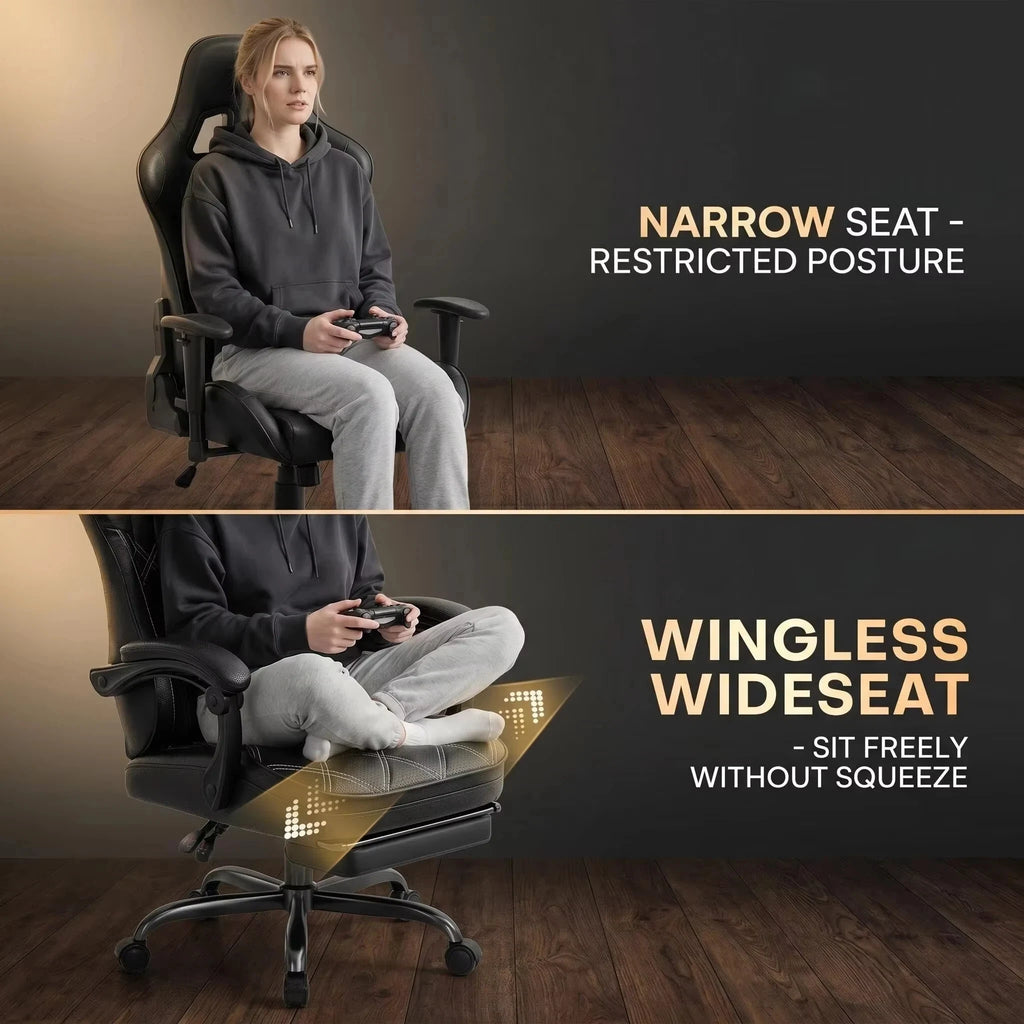 Silla de gaming negra con respaldo alto, reposabrazos y asiento acolchado sobre ruedas