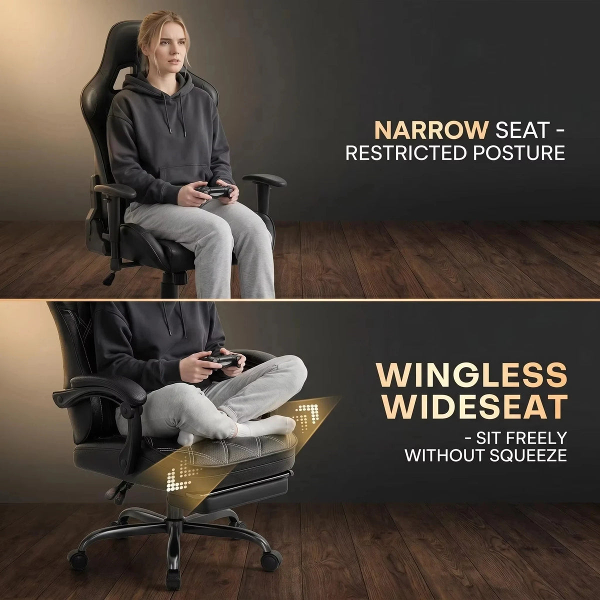 Silla de gaming negra con respaldo alto, reposabrazos y asiento acolchado sobre ruedas