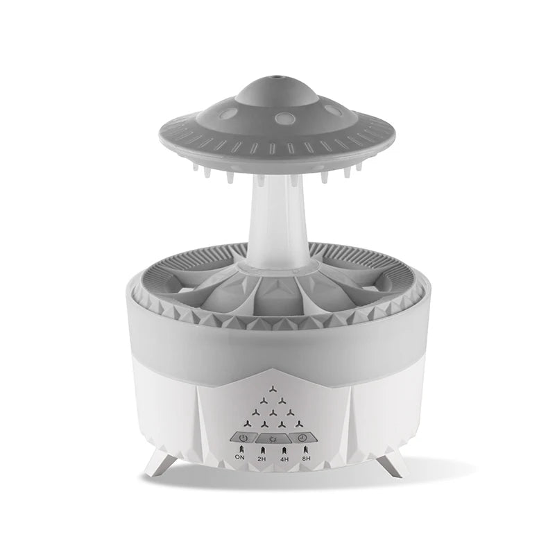 Humidificador con Forma de Nube de Lluvia, Mini Difusor de Aroma UFO con Control Remoto, Luz Nocturna LED de Colores y Sonido de Gotas de Lluvia para Dormitorio y Hogar