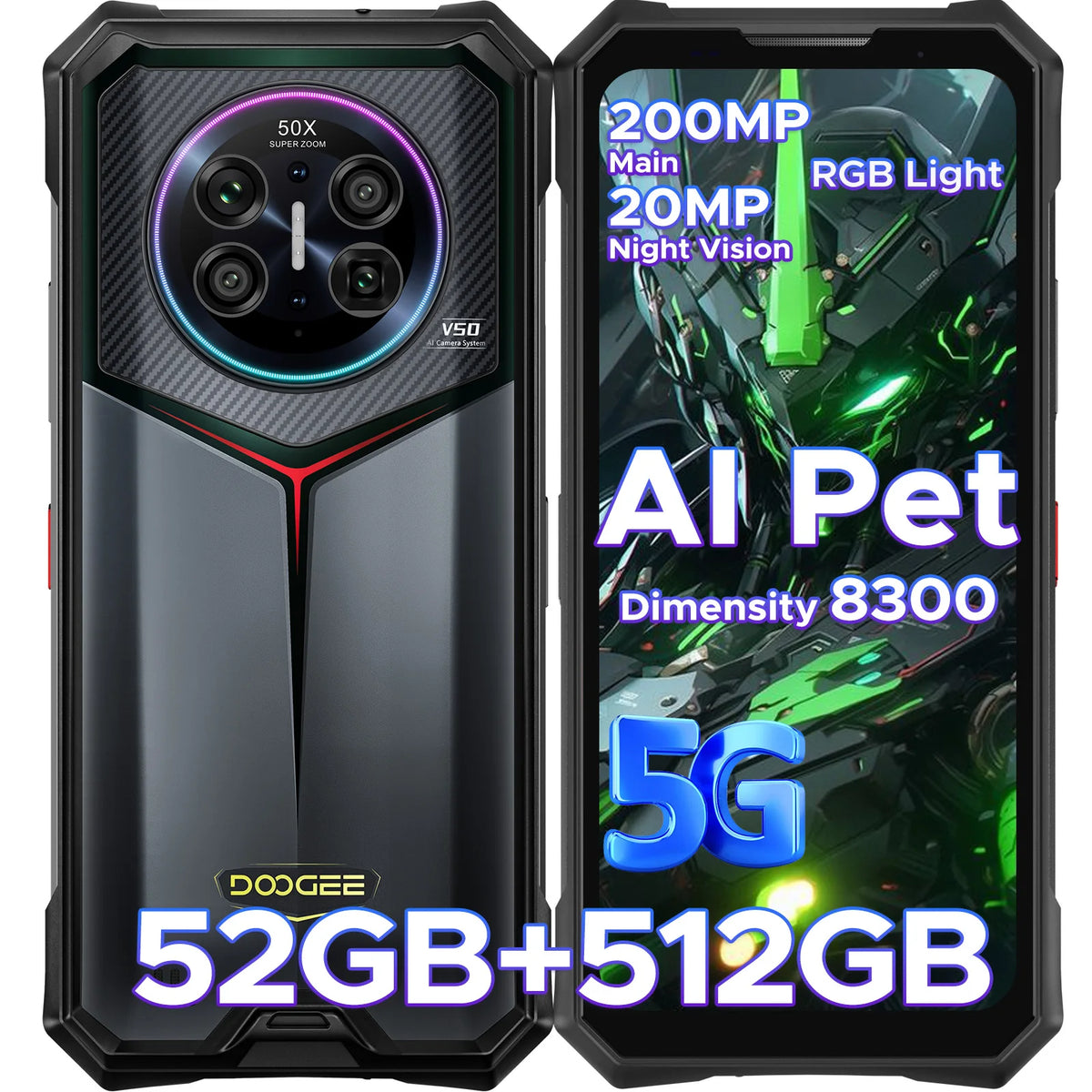 Teléfono resistente DOOGEE V50 5G Dimensity 8300, 48 GB de RAM (12+36) y 256 GB de ROM, batería de 11 000 mAh, pantalla de 6,78'', cámara cuádruple con IA, smartphone con Android 16