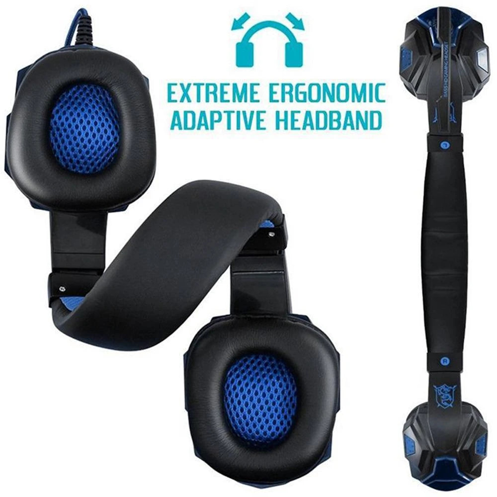 Auriculares gaming over-ear negros con almohadillas azules y diadema ergonómica ajustable.