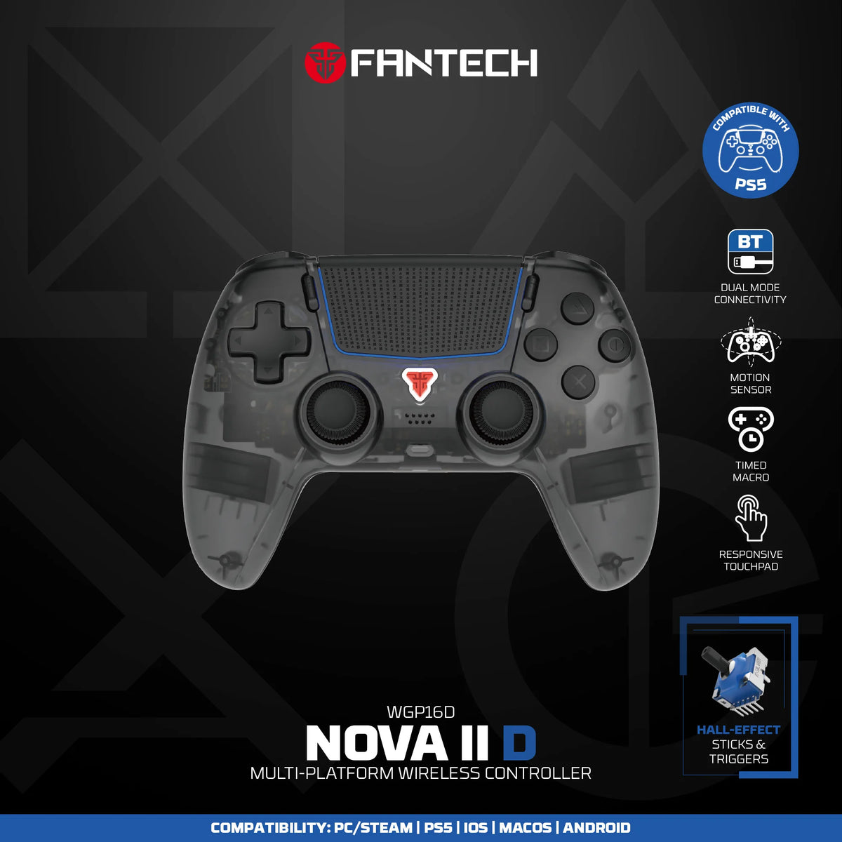 FANTECH NOVA IID WGP16D BT 5.3 Wireless Gamepad Hall Effect Vibration Hall Joystick Gaming Controller For PS5 PC iOS Android
