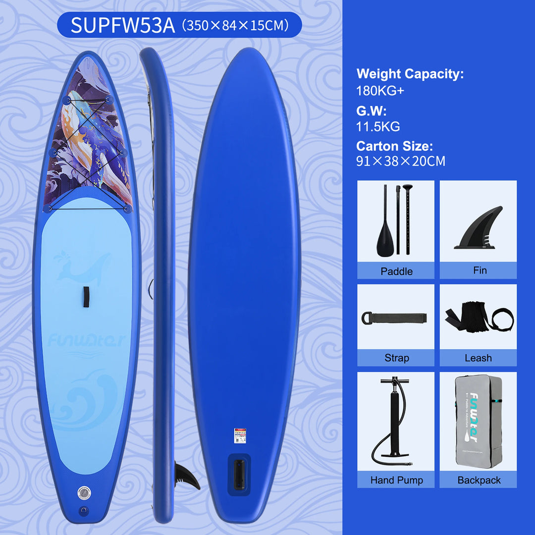 Tabla de SUP Inflable Funwater 335/350cm, Tecnología de Sellado Térmico, Kit Completo de Accesorios, Pala de Doble Punta, Stock Local en la UE