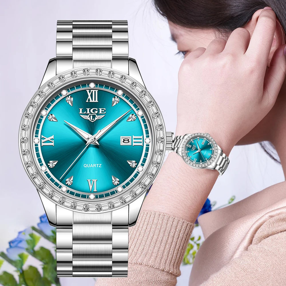 LIGE Original Quartz Watch for Women Diamond Dial Stainless Steel Waterproof Luminous Elegant Women's Wristwatches Reloj Mujer