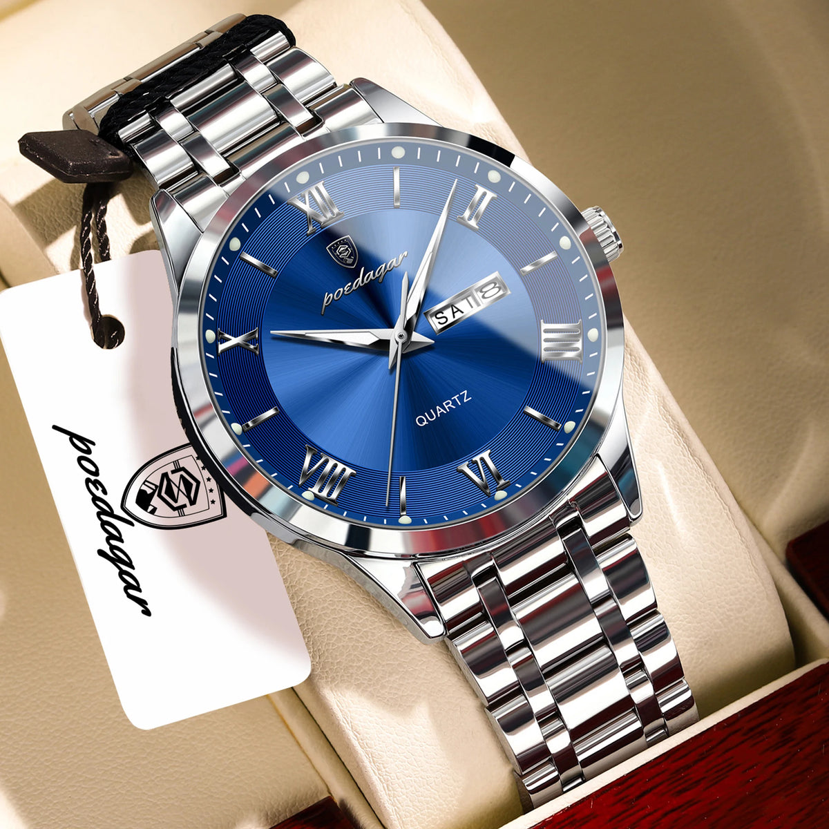 Reloj de pulsera para hombre POEDAGAR de moda, luminoso, impermeable, de acero inoxidable, con fecha y día, de cuarzo para negocios