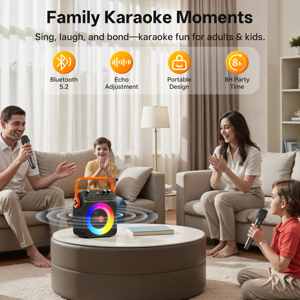 Altavoz Portátil Karaoke con Entrada USB/Tarjeta TF/Bluetooth/Aux, Función de Grabación, Altavoz Potente para Fiestas, Camping, Playa, Garaje