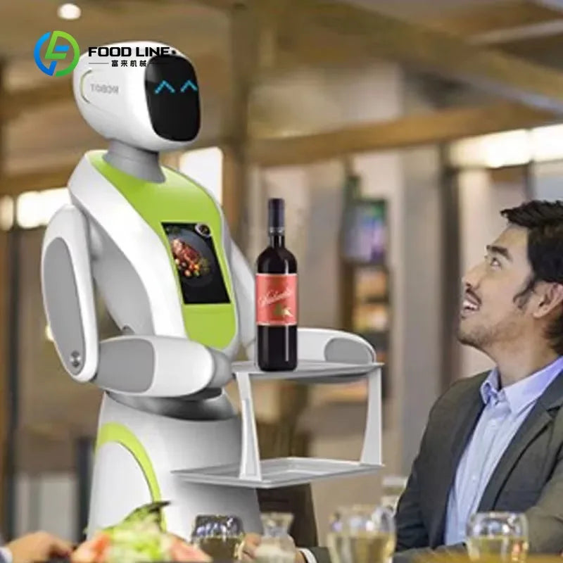 Robot camarero automático blanco con pantalla negra y bandeja, vista lateral