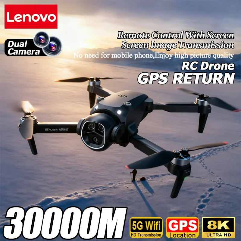 Dron RC negro con doble cámara y retorno GPS; incluye control con pantalla.