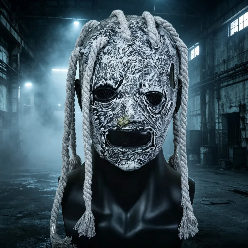 Máscara de Terror con Trenzas de Cuerda Grises, Máscara Facial Completa de Látex para Halloween, Cosplay y Fiestas