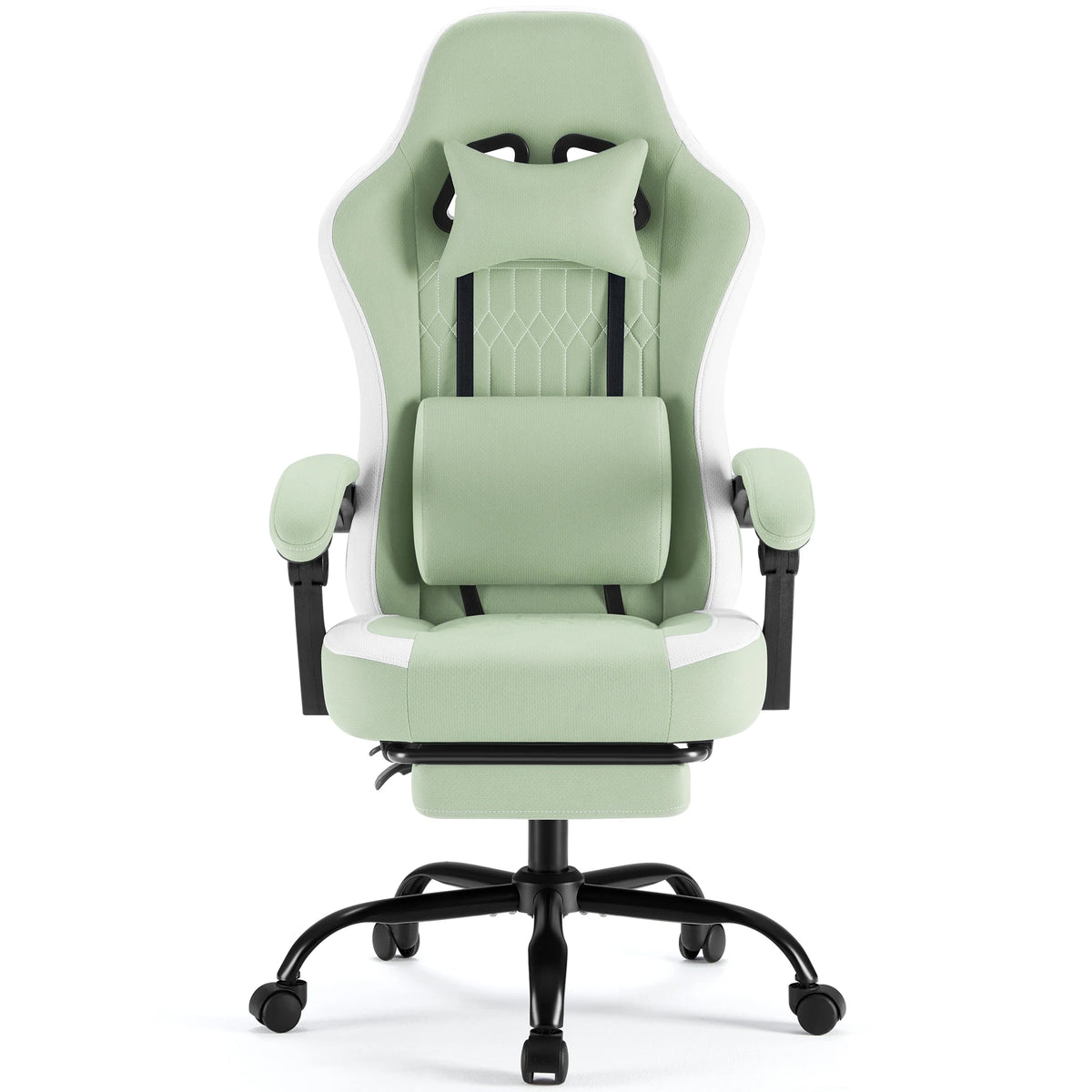 Silla de oficina ergonómica verde con reposacabezas, soporte lumbar y reposabrazos