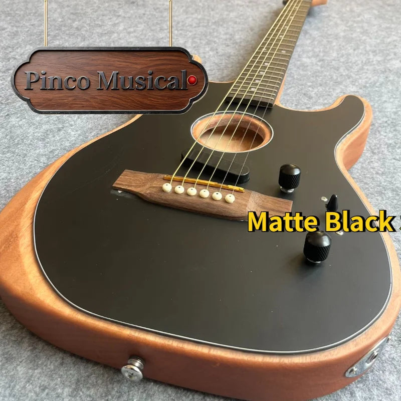 Guitarra acústica-eléctrica híbrida ST de color negro mate, con ribete de caoba, sistema de captación piezoeléctrica y magnética, modelo 1989, ideal para tocar con los dedos y para música folk y rock.