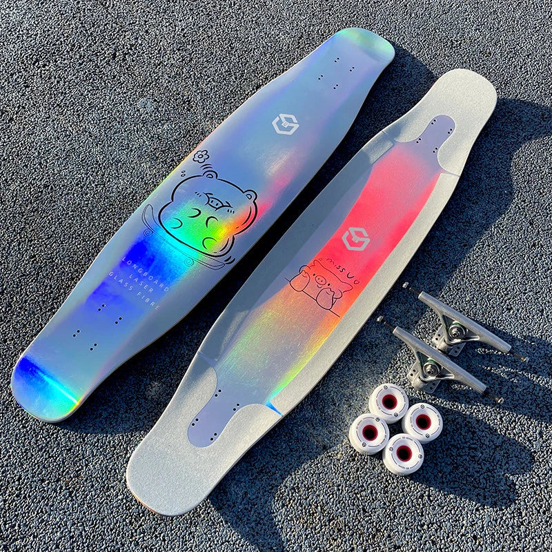 Longboard con Patrón Láser, Tabla de Skate Profesional de Fibra de Vidrio, Ligera, Delgada y Flexible, Tabla de Baile Freestyle para Principiantes