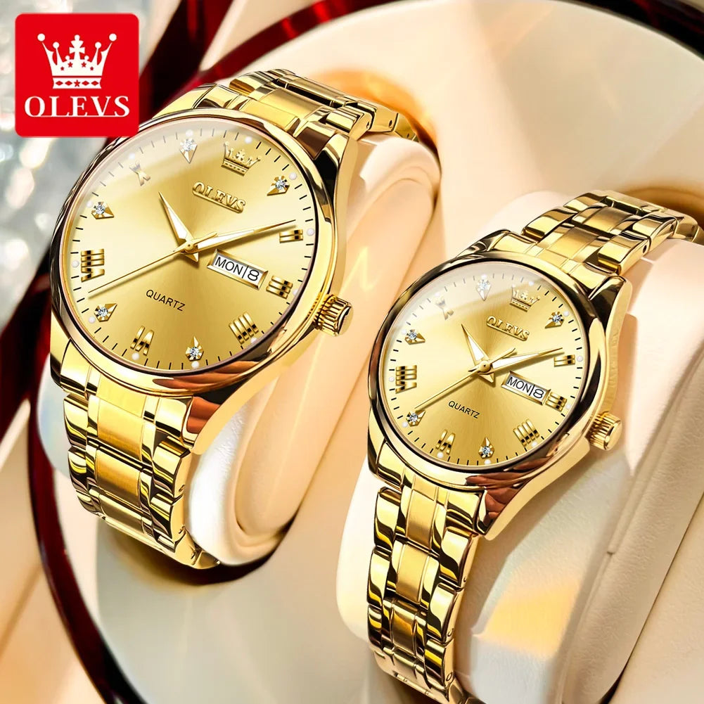 Relojes para pareja OLEVS de lujo, dorados con diamantes, calendario doble, resistentes al agua, reloj de cuarzo de marca de moda para citas, modelo 5563