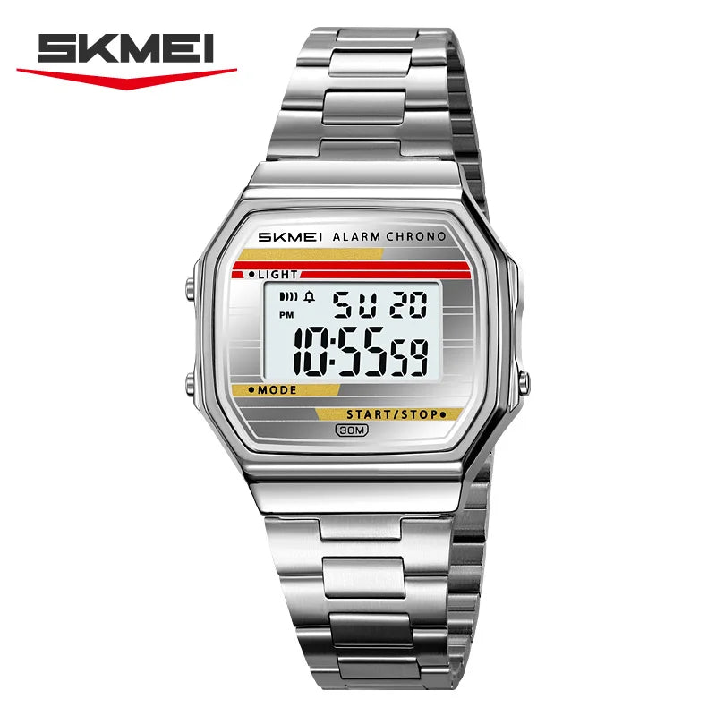 SKMEI Stainless Steel Watch for Men LED Men's Digital Wristwatches Light Retro Square Gold Case Stopwatch Alarm Classic Reloj