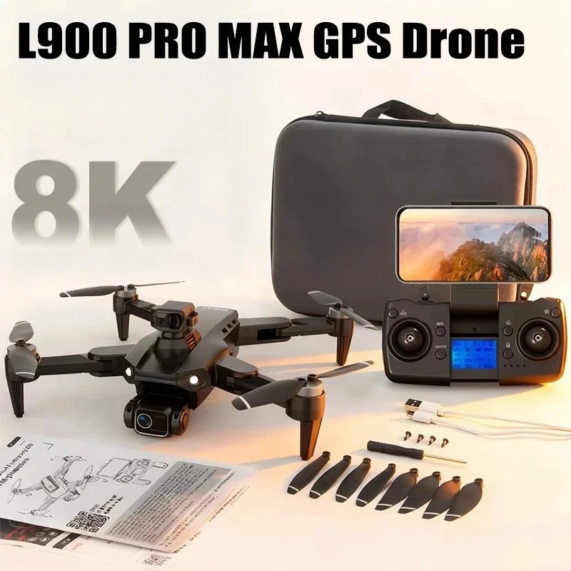 Dron negro con maletín y hélices, cámara integrada y kit de accesorios