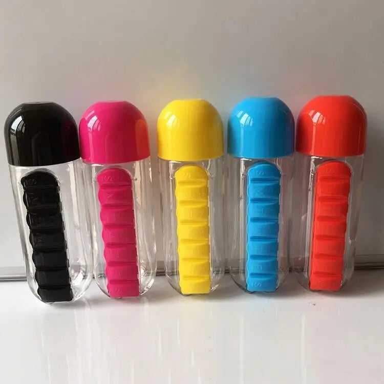 Botella de agua portátil con pastillero incorporado para medicamentos, vitaminas, perfecta para exteriores, gimnasio, fitness, camping y viajes
