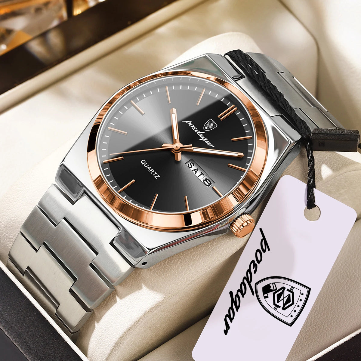 Reloj de hombre de negocios POEDAGAR, resistente al agua, luminoso, con fecha y semana, reloj de cuarzo elegante de acero inoxidable para hombre
