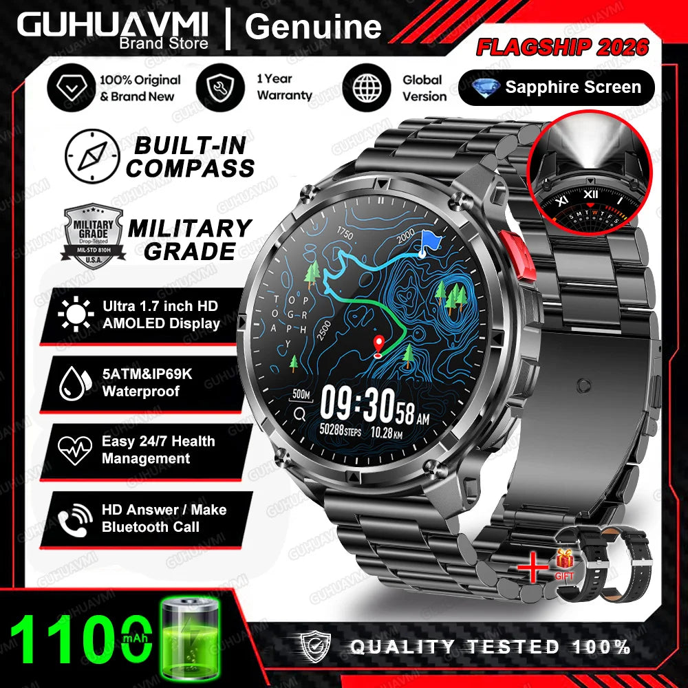 Reloj inteligente militar T-Rex3 Pro 2026, batería de 1100 mAh, GPS, resistente al agua 5ATM, rastreador deportivo de carrera, brújula para exteriores