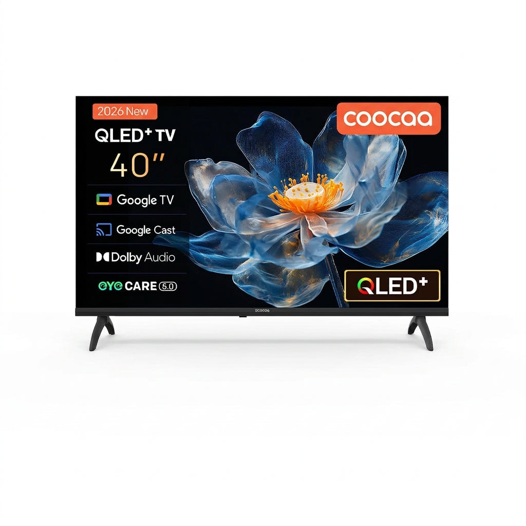 Coocaa 40" Full HD QLED TV – Built-in Google Cast, 60Hz, HDR10 & HLG, Dolby Audio, Bluetooth 5.1, Qyocare 5.0 Anti Blue Light, Flicker-Free, 2 HDMI & 2 USB Ports, 200 cd/m² Brightness, 5000:1 Contrast Ratio