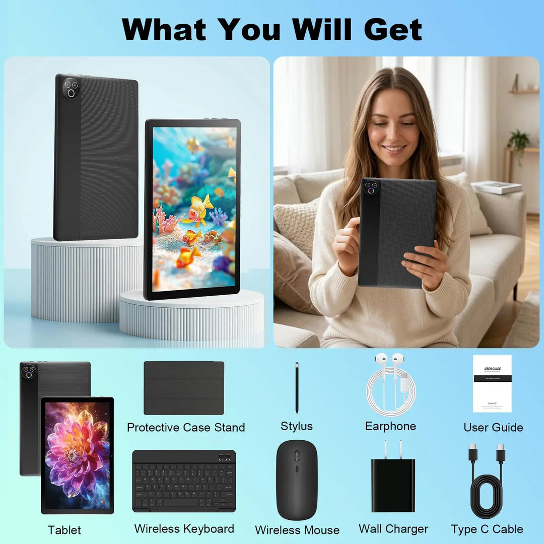 Tableta KB1001L de 10.1 pulgadas con Android 16, RAM máxima de 24GB (3GB+21GB), ROM de 64GB, CPU A333 de 5 núcleos, pantalla táctil HD IPS de 800*1280, batería de 6000mAh, cámara dual de 5MP+8MP, WiFi 6, Widevine L1, des