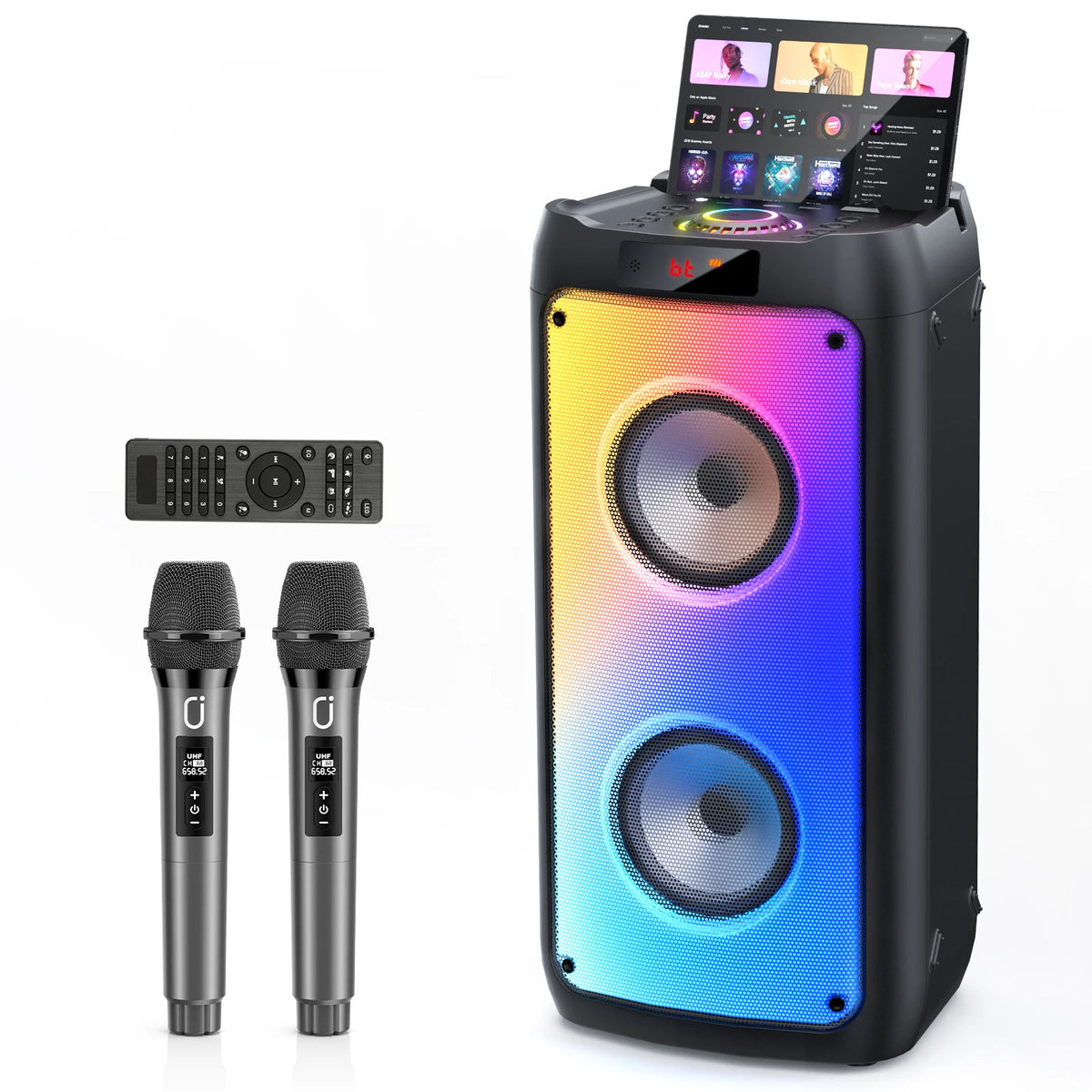 T10 Wireless Bluetooth Speaker, Karaoke Machine with 2 Microphone, Home Karaoke System with LED Party Light, Remote Control