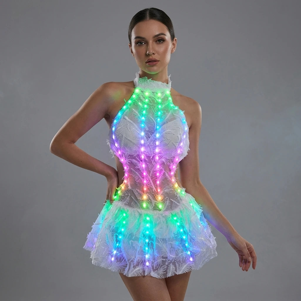 Falda LED blanca colorida para fiesta, Club, cumpleaños, trajes brillantes para club nocturno, cumpleaños, boda, banquete, fiesta de noche, cantante, baile