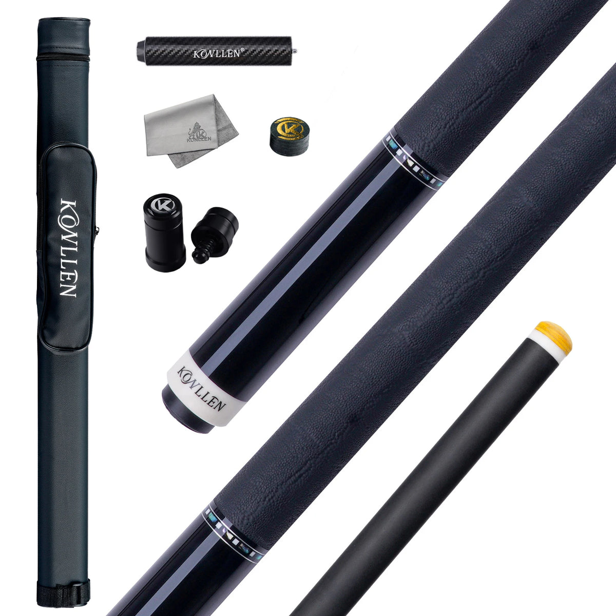 Taco de billar KONLLEN 2.0 de fibra de carbono con flecha Pro Taper de baja deflexión, 58 pulgadas, punta de 12.5 mm / 11.8 mm, pin radial e incrustaciones de ébano real.