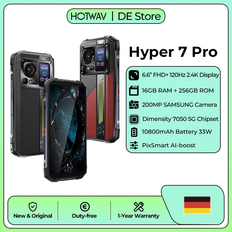 HOTWAV Hyper 7 Pro 5G Dimensity 7050 Octa-core Rugged Phone 200MP + 32MP + 24MP Camera Android 14 6.6'' 120Hz 2.4K Display 1.45'' Second Screen Smartphone 16GB RAM 256GB ROM 10800mAh Massive Battey 33W Fast Charging Cell Phon