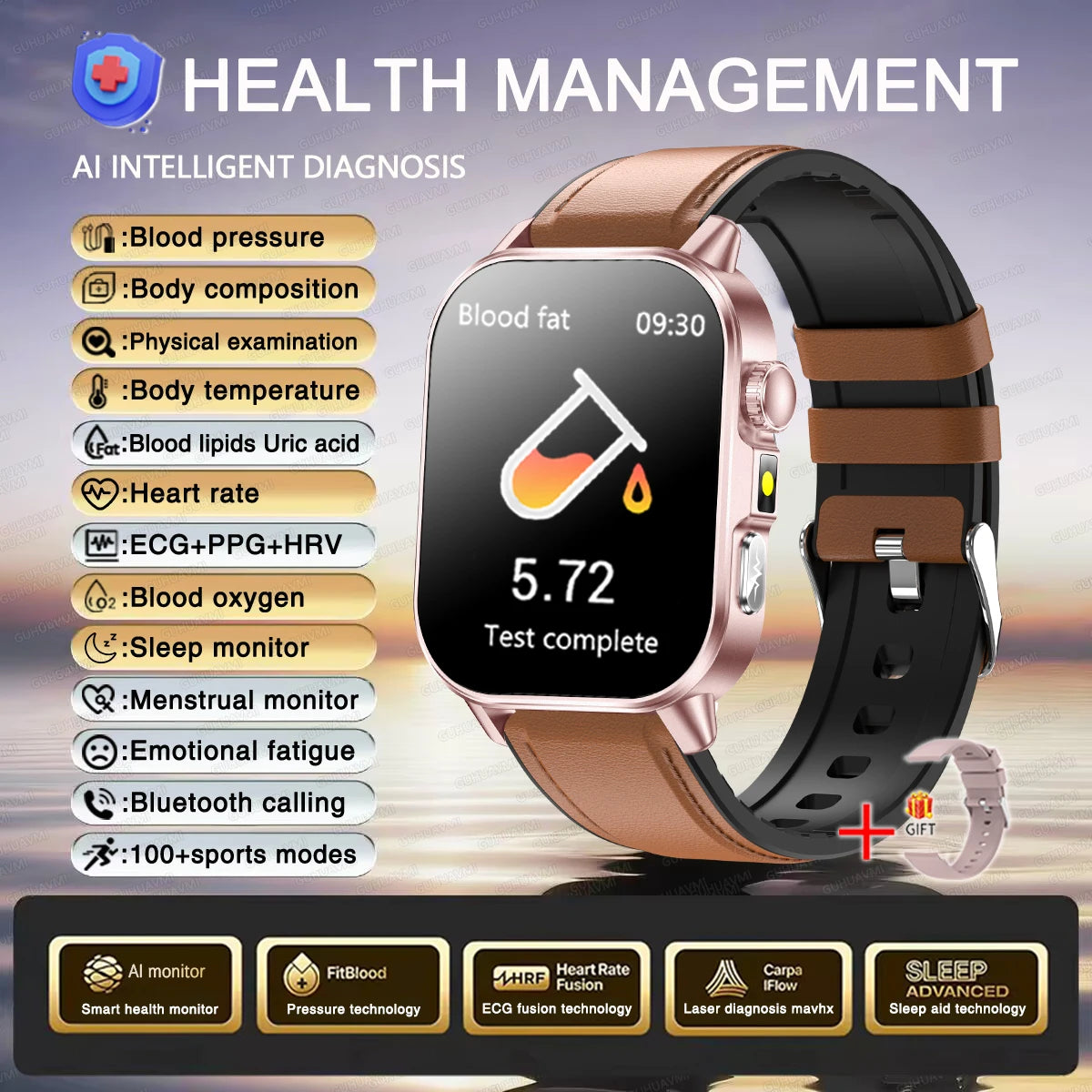 2026 Nuevo y preciso diagnóstico Reloj inteligente ECG oxígeno en sangre PA Ácido úrico Lípidos Salud HD AMOLED Pantalla para llamadas Reloj inteligente Hombres Mujeres