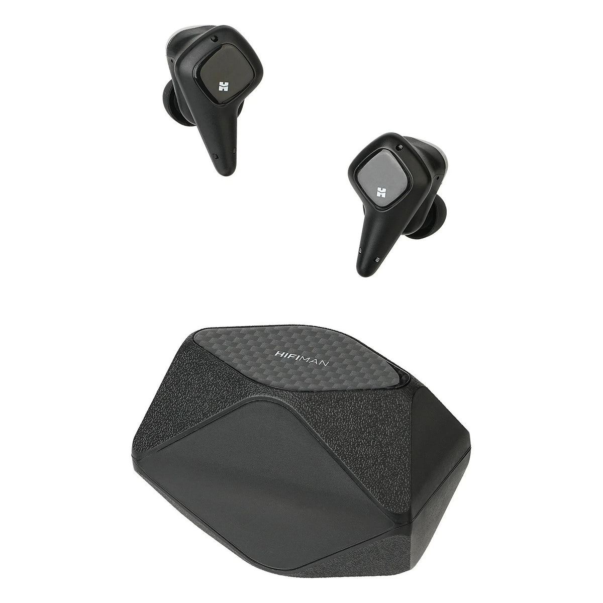 Auriculares inalámbricos negros y estuche de carga hexagonal, juego completo