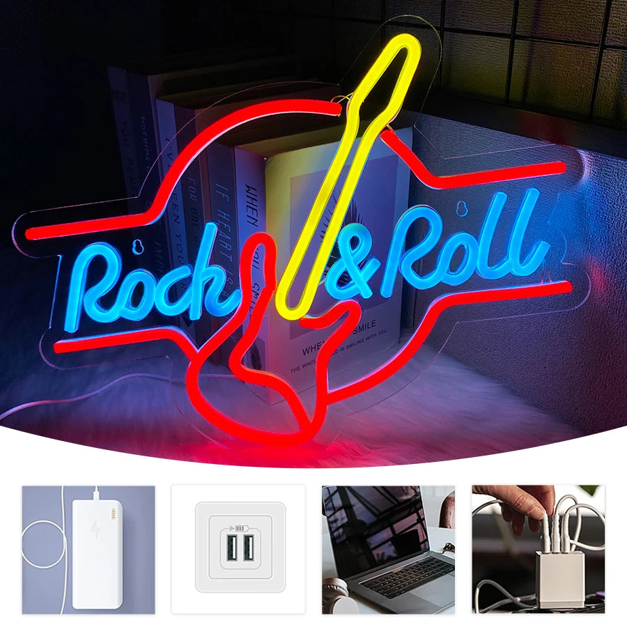 Letrero de neón LED con guitarra Rock & Roll y accesorios de montaje, cable USB
