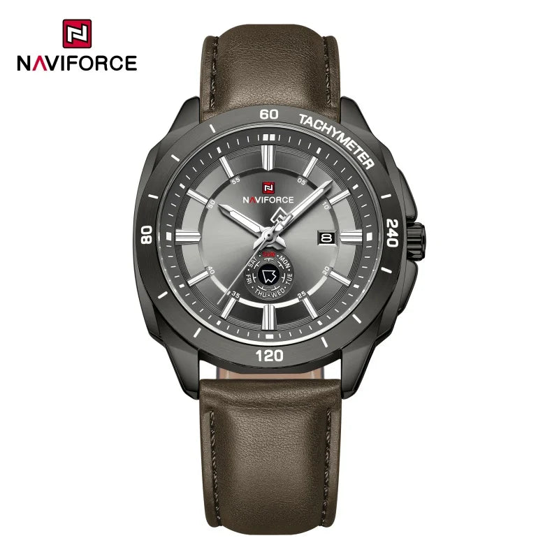 NAVIFORCE 2026 Nuevo Reloj de Hombre, Reloj de Cuarzo con Correa de Cuero, Estilo Casual Deportivo, con Calendario (Día y Fecha), Ideal para Oficina o Regalo para Hombre